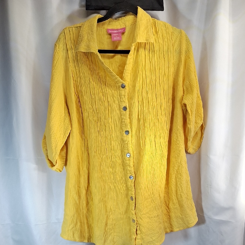 Coldwater Creek Crinkled Button-Down Shirt in Bright Yellow